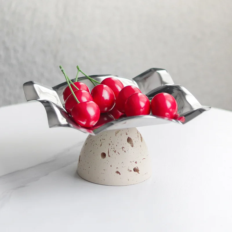 Wabi Sand Wind Imitation Travertine Base Fruit PlateOrnament Designer Abstract Irregular Square Metal Dried Fruit Plate Ornament