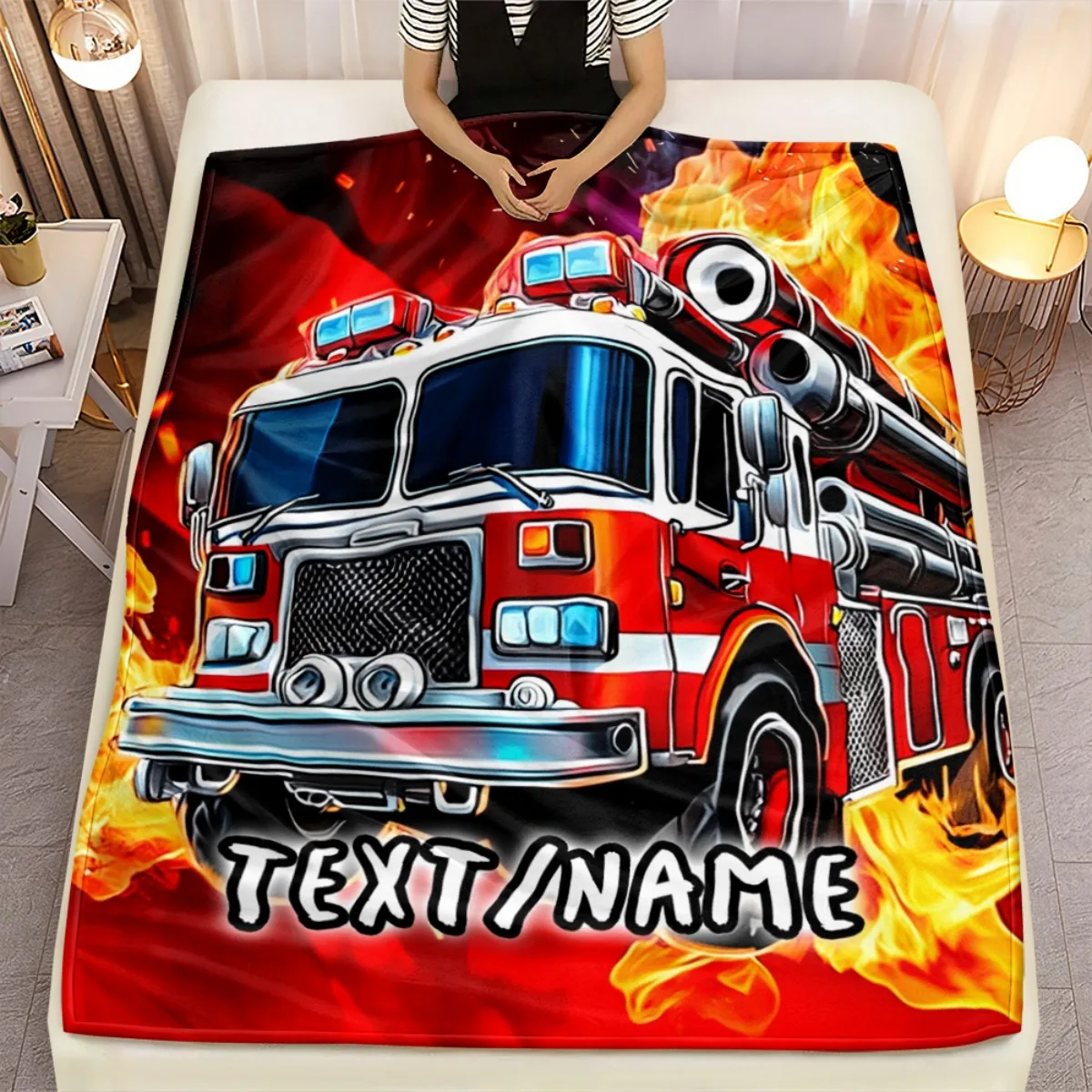 1pc Personalized Custom Name Fire Truck in Flames Blanket Firefighter-Themed Gift Soft Flannel for Home Sofa Bed Fire Truck Fans