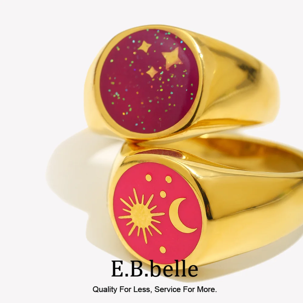 Round Circle Star Moon Universe Starry Sun Colorful Enamel Stainless Steel Singet Rings For Women Golden Ring Jewelry