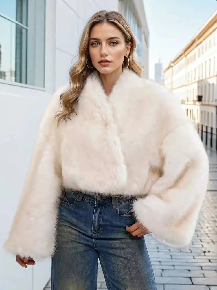 Fashion Women's Faux Fur Coat V-neck Long Sleeve Loose Thick Imitation Mink Fur Grass Short Jacket Winter 2026 New 7ASUK9