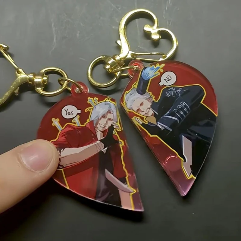 Game Devil May Cry Vergil Dante Cosplay Keychain Acrylic Heart Magnetic Pendant Keyring 1 Pair Key Chain Bag Accessories Gift view 3