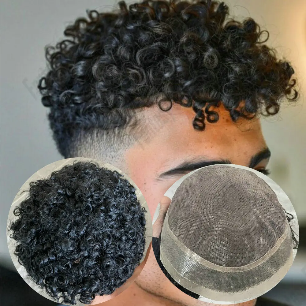 8mm/10mm/15mm Afro Herren Jerry Curly Toupet aus Echthaar, langlebige Mono-PU-Basis, Toupet für Männer, natürlich aussehendes Haarsystem – Detail 2