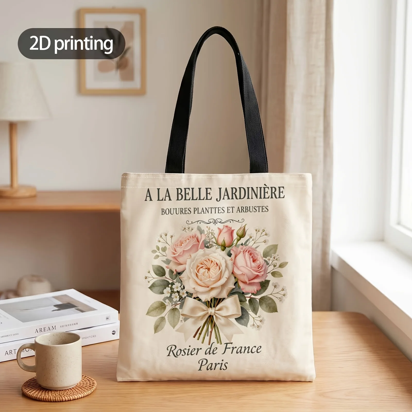 1pc 2D Printed Handbag with Bouquet of French Roses Pattern, Reusable Fashion Shoulder Bag Handbag Shopping Tote Bag Suitable fo