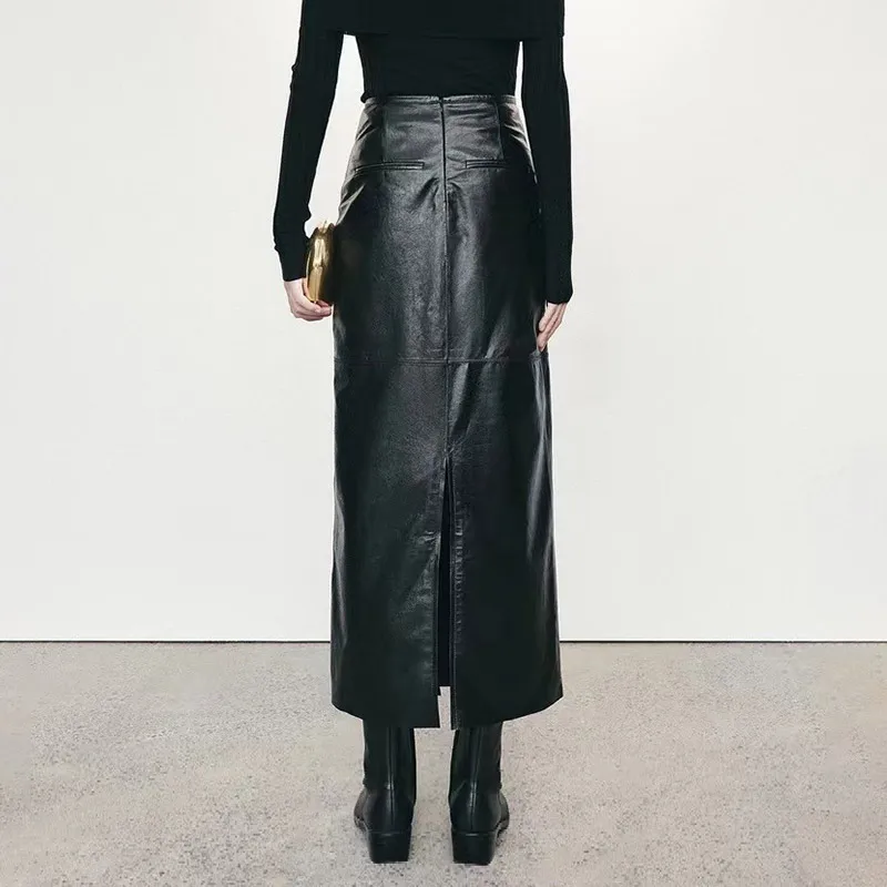 2024 Lady Luxury Vintage Skirt Women Elegant Outfits Real Leather Long Skirt Slim Fit Maxi Skirt with Split