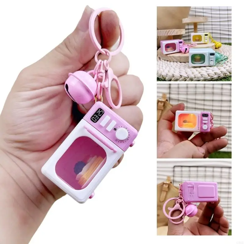 C90F 미니어처 오븐 전화 매력이있는 음향 효과 및 어린이 역할을위한 LED 조명 역할 재생 척 주방 장난감 ABS 키 체인 액세서리