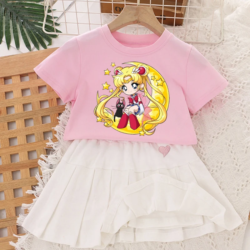 Sailor Mooned Children T Shirt Pleated Skirt Sets Girls Kawaii Summer Casual Princess Dress Anime Cartoon Short Two Piece Suit