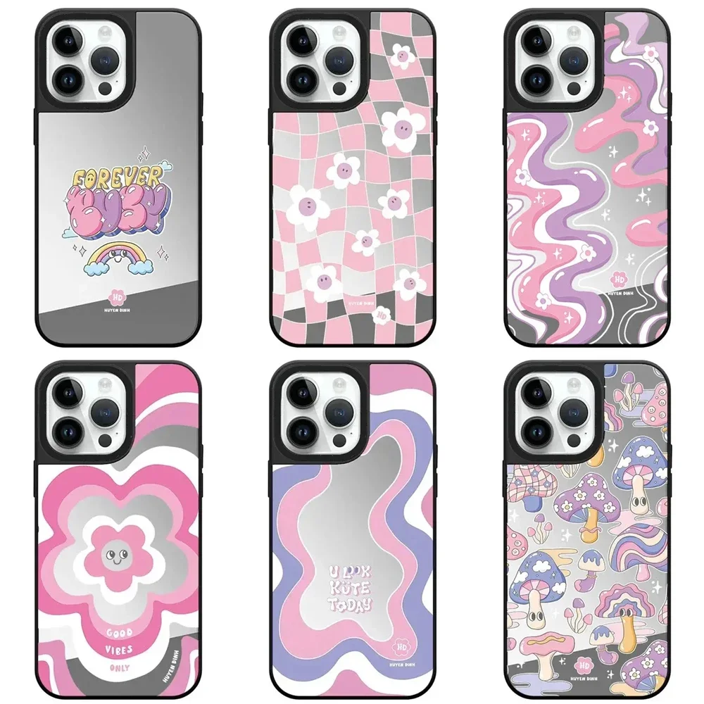 

Black Border Mirror Cartoon Wave Pattern iPhone 11 12 13 14 15 16 Pro Max Protective Case