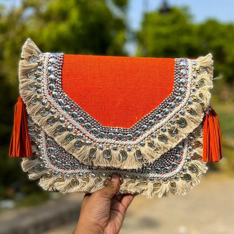 DOYUTIG Women Orange Bohemian Handmade Hobo Bag Girl Seaside Vacation Crossbody Bags Lady Embroidered Sequin Holiday Totes I010