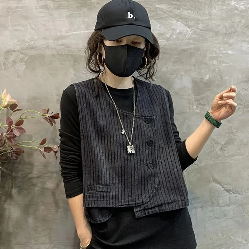 Spring Autumn Striped Denim Waistcoat Short Women Loose Sleeveless Jacket Loose Casual Vintage Fashion Female Vest Clothing