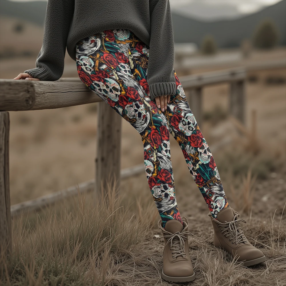 Edgy المرأة الجمجمة والورد طباعة طماق القوطية الشرير نمط عالية الخصر نمط في جميع أنحاء للحفلات غير رسمية وملابس لليوجا #2