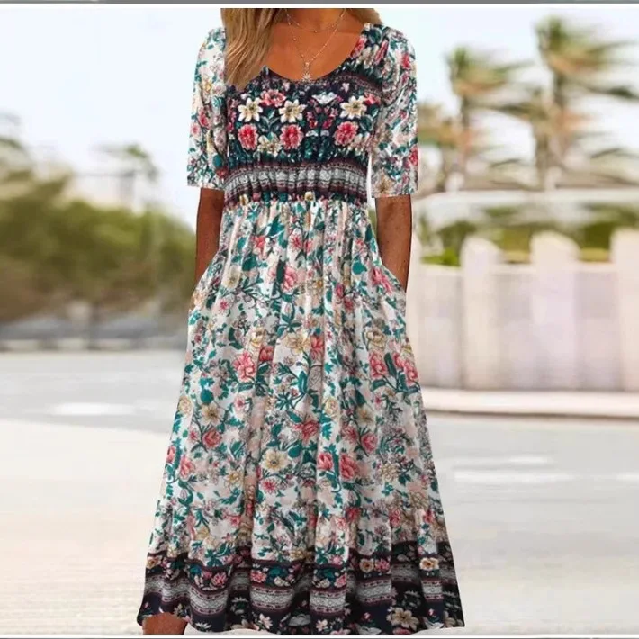 Gaun Maxi Patchwork Bunga Vintage Wanita Gaya Etnik dengan Hem Berwarna-warni, Gaun Panjang Longgar, Pakaian Liburan Bohemian