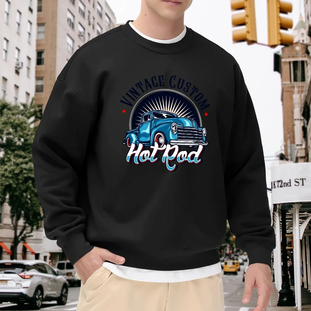 

Men's Black Crew Neck Loose Sweatshirt, Retro Car Print Trendy Top, Casual Versatile Street Style, Comfortable Breathable Fashion Style for Everyday Wear