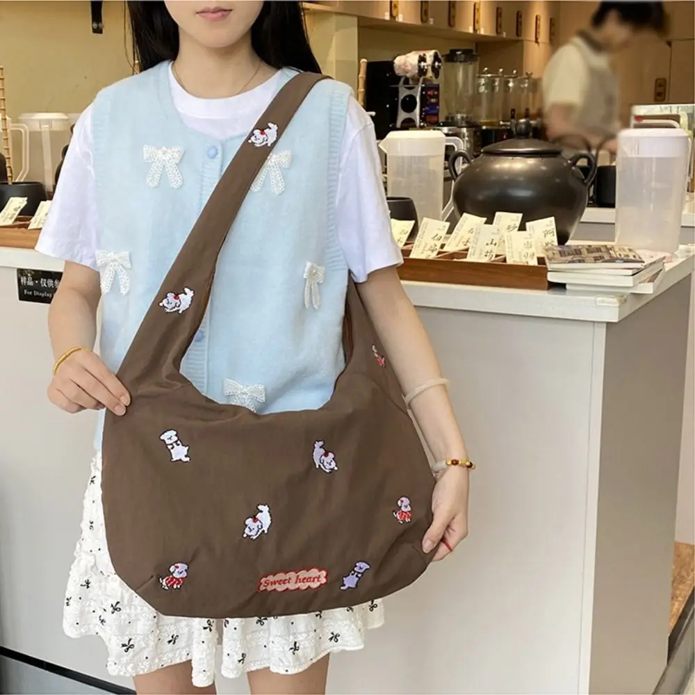

Creative Commuting Cartoon Shoulder Bag Large Capacity Sweet Puppy Embroidery Nylon Bag Casual Korean Style Messenger Bag Travel