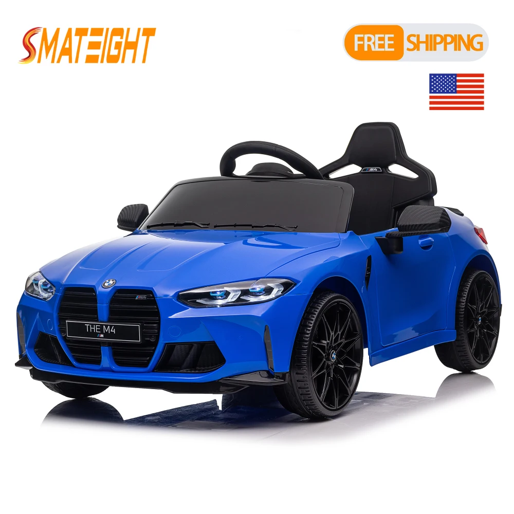 BMW M4 12v Kids ride on toy car Three speed adjustable Power display USB LED A handle with wheels and a pull easy to carry