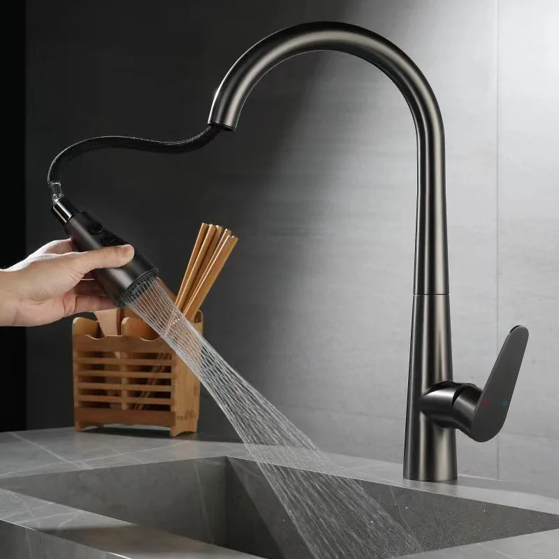 Grey 304 Stainless Steel Kitchen Faucet Brushed Gold Pull Out Hot And Cold Mixed Water Sink Faucet Multifunctional Kitchen Tap