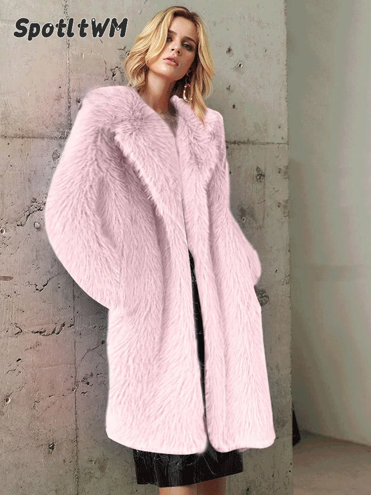 Women's Faux Fur Long Jackets Women Casual Solid Lapel Full Sleeves Loose Fit Maxi Coats 2026 Lady Winter Daily Street Outwear