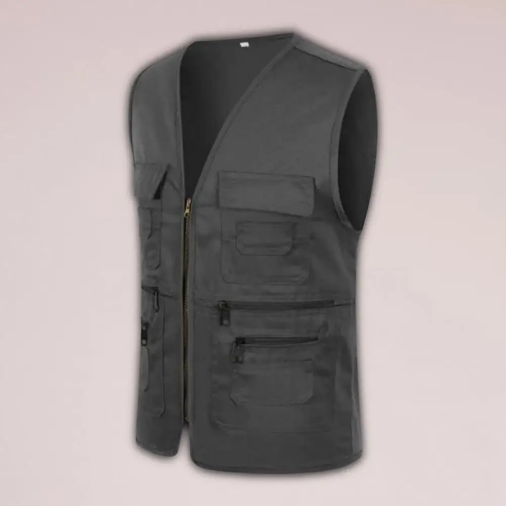 Men Vest JacketMultiple Pockets Zipper Sleeveless Fishing Waistcoat Camping Work Clothes V Neck Outdoor Waistcoat Volunteer Vest