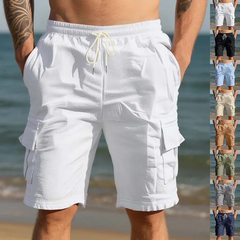 Summer New Linen Breathable Cotton-Feeling Drawstring Elastic Waist Solid Color Simple Leisure All-Match Men's Work Pants