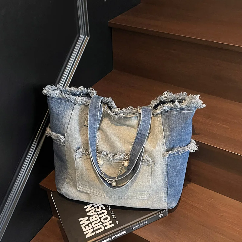 

Новинка 202, джинсовая большая сумка Ombre для женщин, сумка через плечо большой вместимости, сумка через плечо с градиентом, просторная и стильная