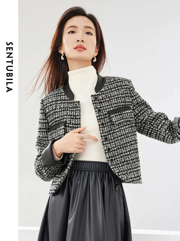 

SENTUBILA Plaid Elegant Cropped Tweed Jacket 2024 Spring V-neck Single Breasted Short Woolen Coat Female Outerwear 134W52672