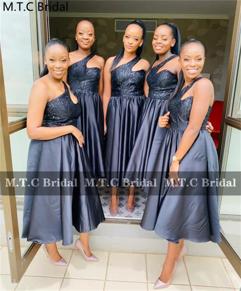 Black Short Bridesmaid Dresses For African Girls One Shoulder A Line Tea Length Satin Lace Wholesale Maids Of Honor Gowns