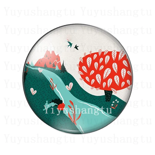 Green watercolor countryside Mountain tree painting 18mm/20mm/25mm Round photo glass cabochon demo flat back Making findings