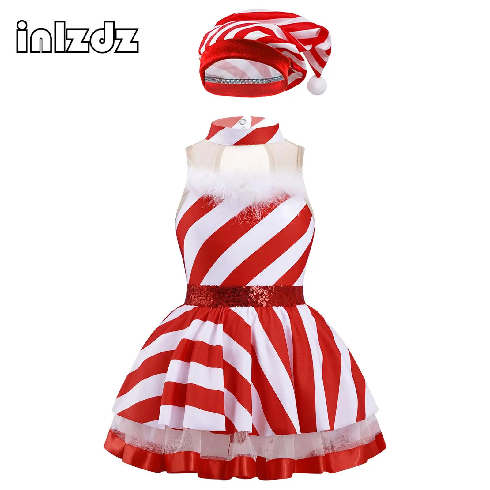 

Girls Candy Cane Mrs Santa Claus Dress Up Costume Christmas Dance Performance Figure Ice Skating Tutu Dress with Hat Sets