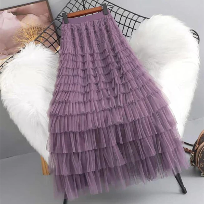 New Spring Summer Women High Waist Slim Long Skirt High Quality Lolita Style Sweet Multilayered Mesh Patchwork Cake Skirt