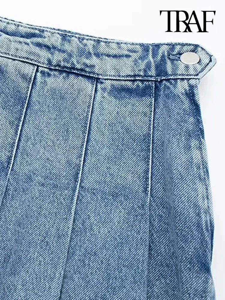 TRAF Women Fashion Wide Pleated Denim Mini Skirt Vintage High Waist Side Zipper Female Skirts Mujer
