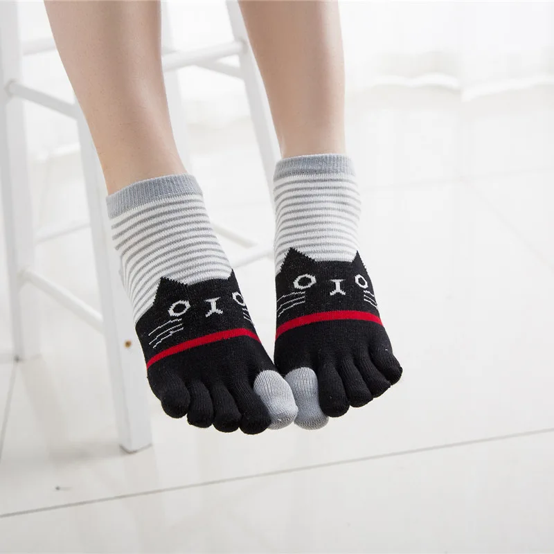 

5 Pairs Cute Cartoon Socks with Toes Women Girls Young Fashion Striped Animal Cat Sock Short & Middle Tube Knitted Cotton Socks