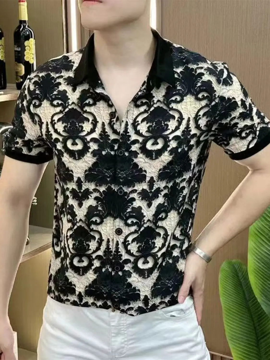 Fashionable and Personalized 3D Printed Short Sleeved Shirt with Lapel for Men\'s Business and Casual Thin Design