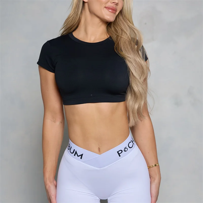 Pchee Bum Women Backless Sports Shirts 2023 Workout Gym Training Yoga T-Shirt Outdoor Running Crop Tops Elastic Open Back Tops