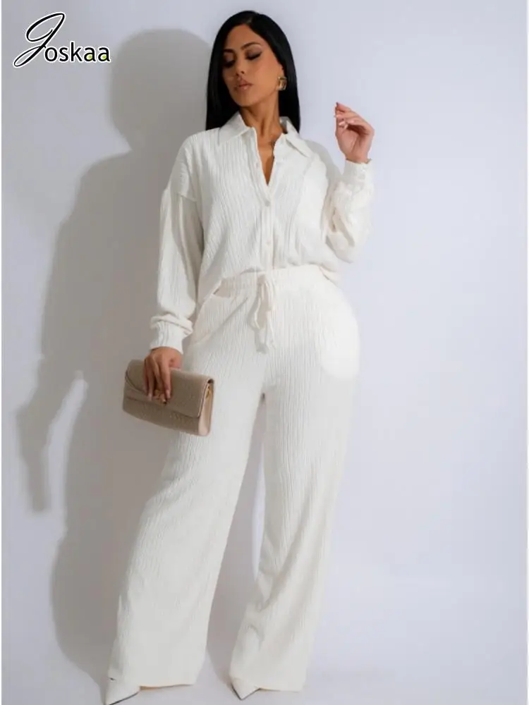 

Joskaa 2025 Women's 2 Piece Set Casual Lapel Full Sleeve Button Oversized Shirt+Drawstring Wide Leg Pants Matching Streetwear
