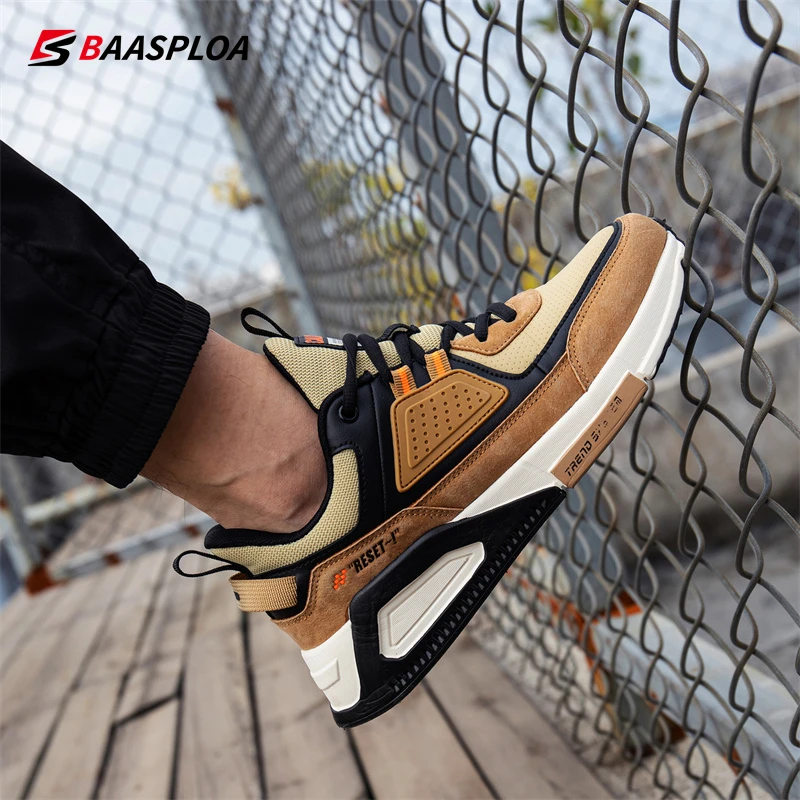 Baasploa Men Sport Shoes Comfort Leather Waterproof Casual Sneakers Lightweight Walking Shoes Non-Slip Male Non-Slip Lace-Up