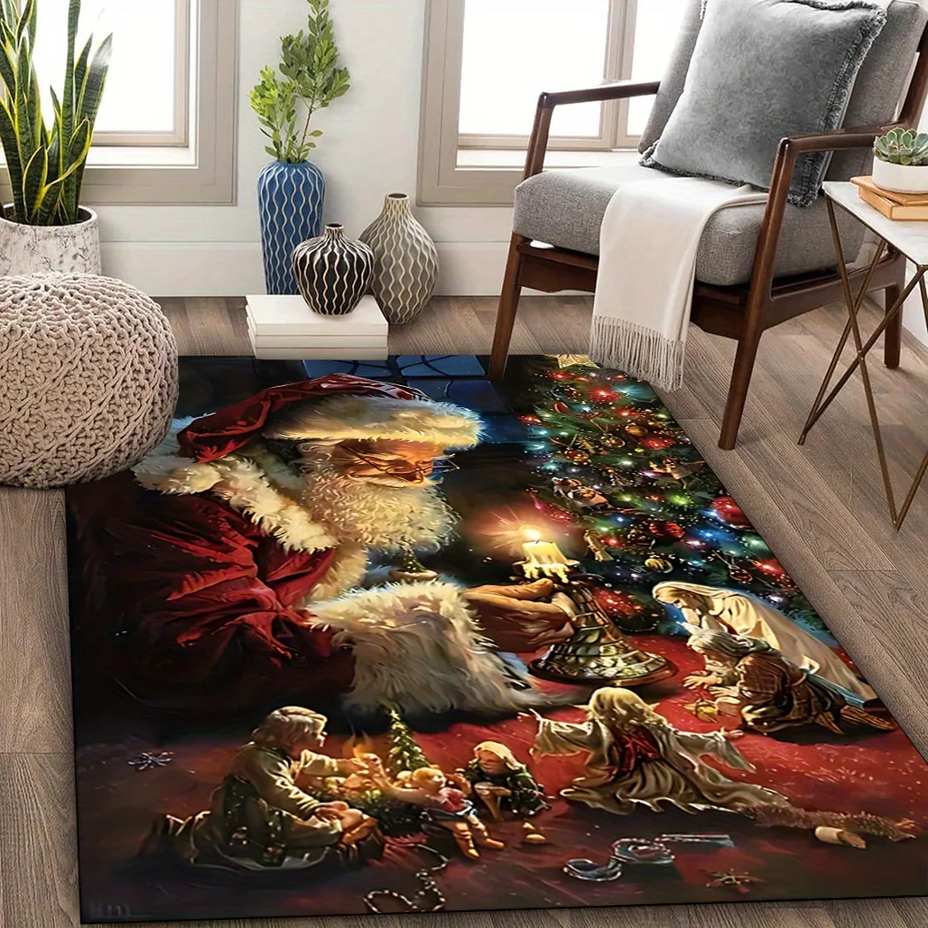 1pc Santa And Candle Pattern Area Rug, Ideal Holiday Home Decor, Perfect for Living Room Bedroom Hotel Restaurant Indoor