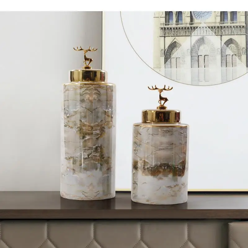 Nordic Marble Texture Storage Jar Home Desktop Decor Ornaments Ceramics Candy Golden Deer Cover Box Decoration