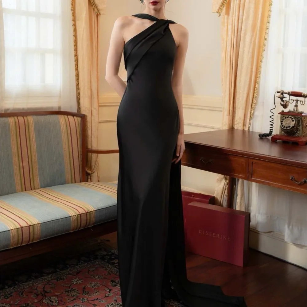 

Elegant Satin Long Dress Spring Summer Fashionable Slim Sexy Sleeveless Backless Lace-up High-waisted Halterneck Silk Dresses