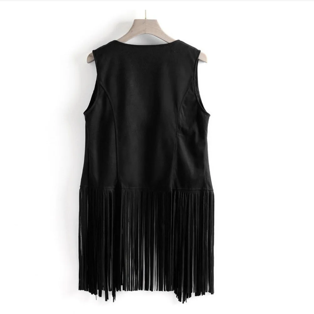 Boho Women Suede Fringe Vest Sleeveless Open Cardigan Trendy Streetwear Loose Coat Casual Fall Spring Fashion Outerwear