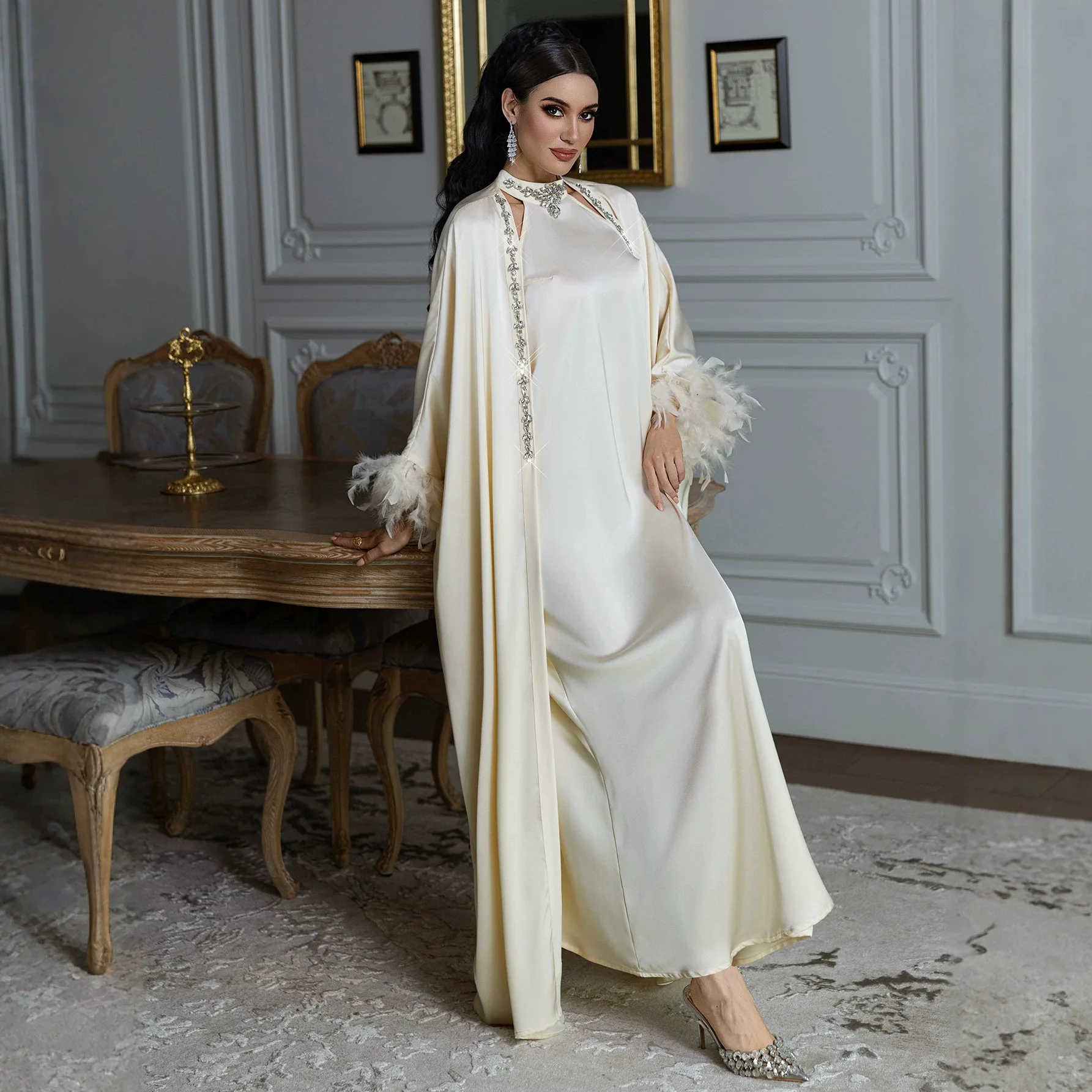 Dress Suit Women Eid Abaya Party Dresses 2 Piece Set Muslim Feathers Cardigan Robe Jalabiya Islam Morocco Dubai Vestidos Kaftan