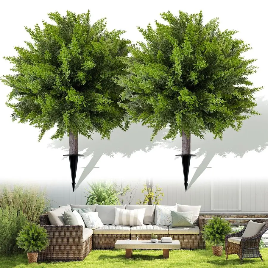 

Cedar Topiary Ball Tree with Ground Spike 23 Inch 2 Pack UV Resistant Faux Green Cypress Shrubs Plants Fake Bushes for Front Por