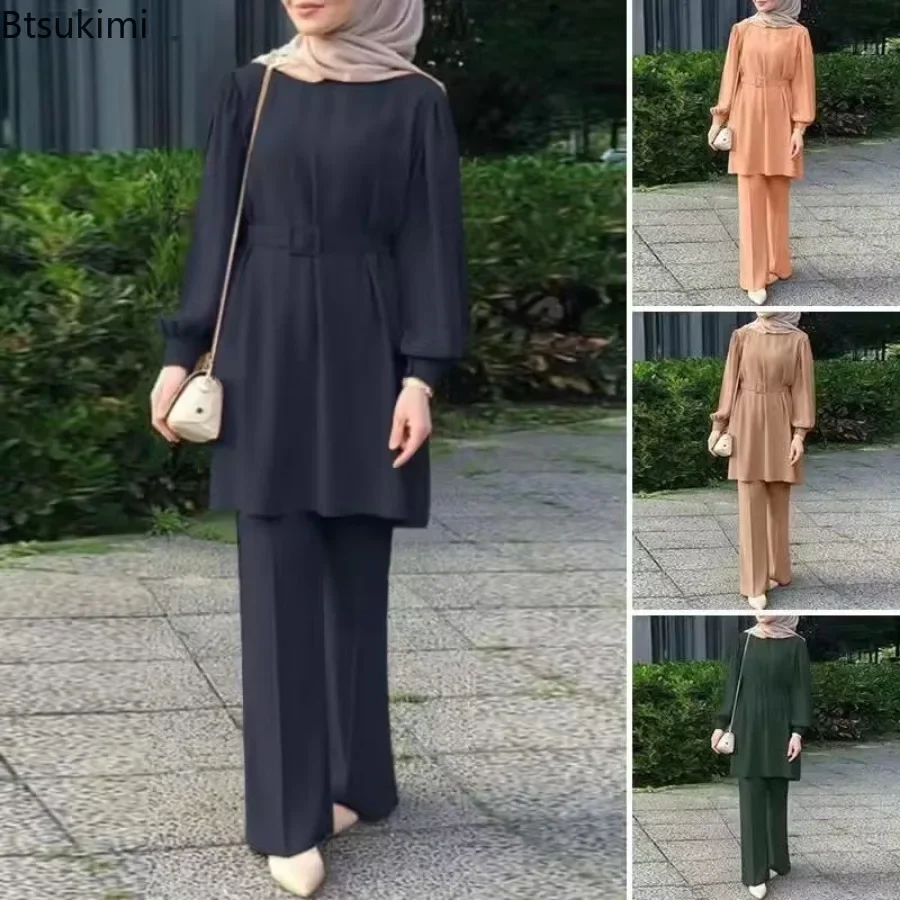 2025 Muslim Women Fashion Long Sleeve Long Pants Clothing O-neck Solid Color Two Piece Set Elegant Loose with Belt Casual Suits