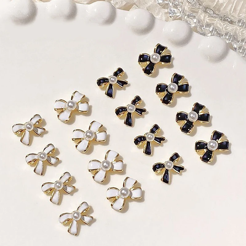 10PCS Vintage Simple Mini Bow Tie Charms Classic Black White Pearl Inlaid Bowknot Alloy Nail Art Rhinestone Decor Manicure Salon