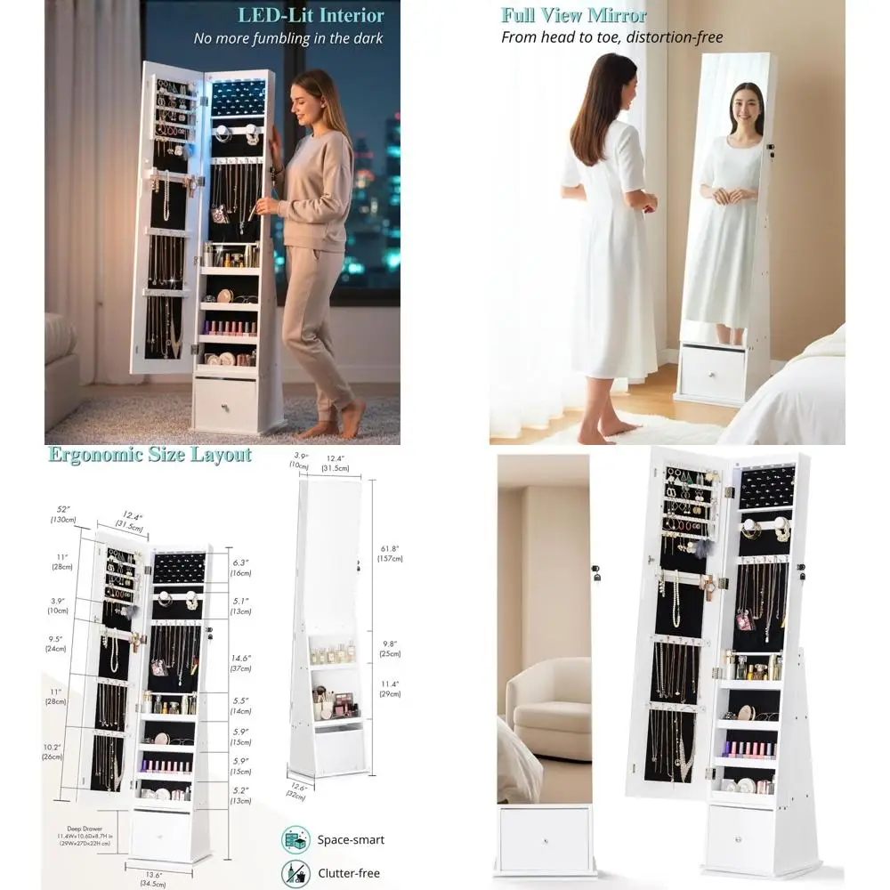 White 61.8 Rotating Full-Length Mirrored Jewelry Cabinet with Storage