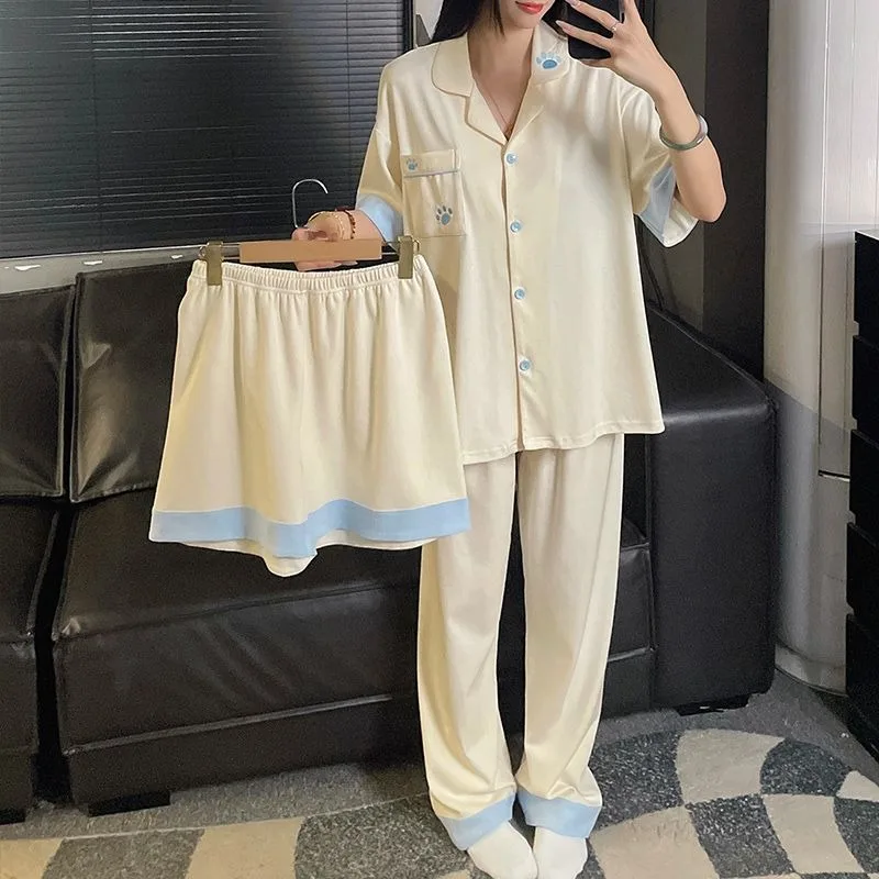 

Embroidery Paw Print Sweet Pajamas Set for Women Summer Harajuku Style Kawaii 3PCS Casual Homewear Short Sleeve Nightwear Cute