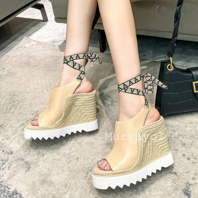 Genuine Leather Grass Weaving Wedges Sandals Women Open Toe Waterproof Platform Ankle Straps Sandalias Summer Dress Shoes Pumps