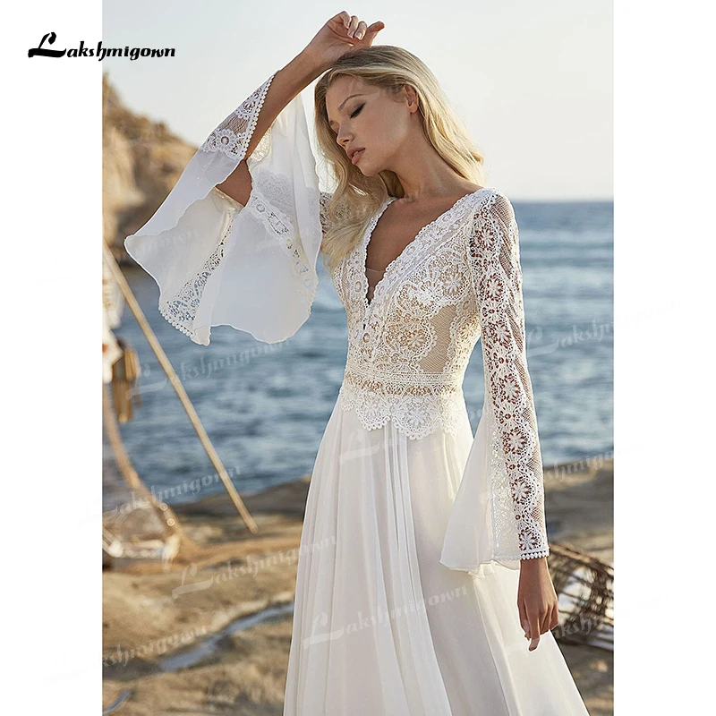 Praia boho com decote em v sexy sem encosto completo alargamento manga rendas apliques a linha vestidos de casamento chiffon vestidos de noiva varredura vestido