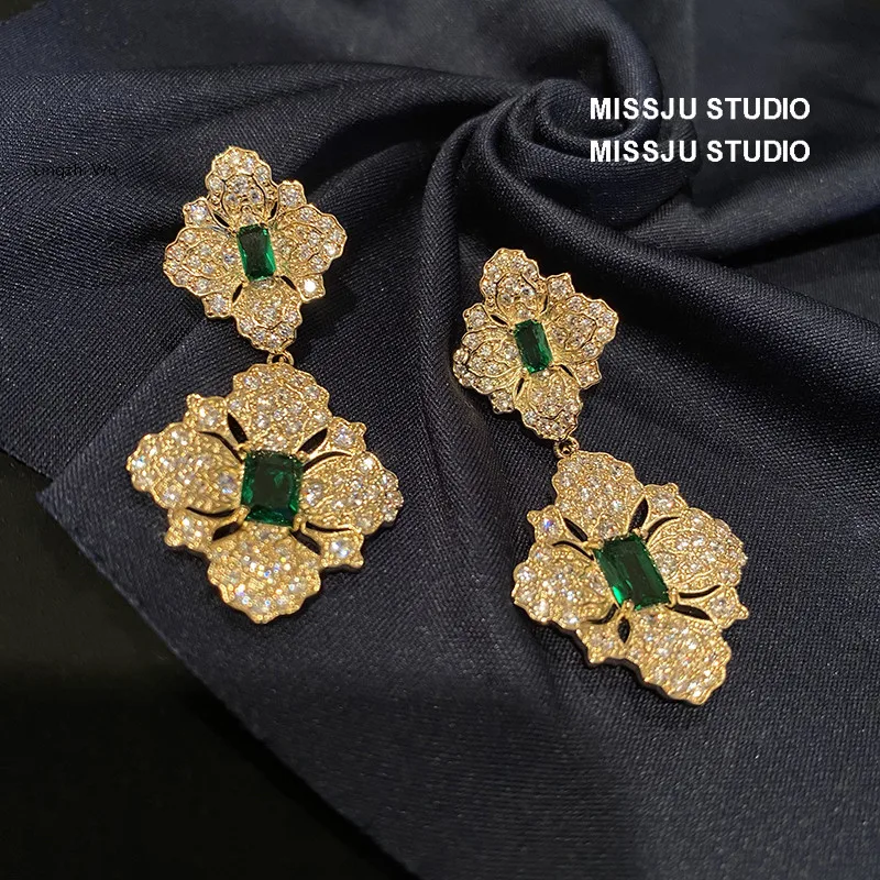 Lingzhi Wu Baroque Vintage Gold Flower Stud Earrings, Green Diamond Earrings, Silver Zircon Crystal, Shining, New Arrival