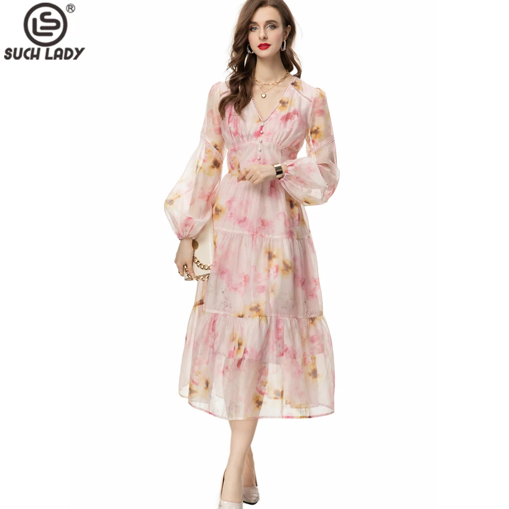 

Women's Runway Dresses Sexy V Neck Long Lantern Sleeves Empire Waist Printed Floral Fashion Mid Vestidos