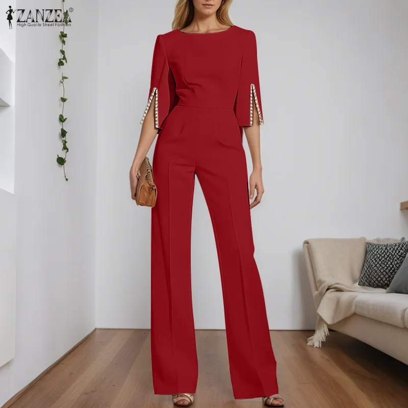 

Женские модные длинные комбинезоны ZANZEA, элегантные летние однотонные комбинезоны с жемчугом и рукавами 3/4, повседневные вечерние офисные уличные комбинезоны 2025