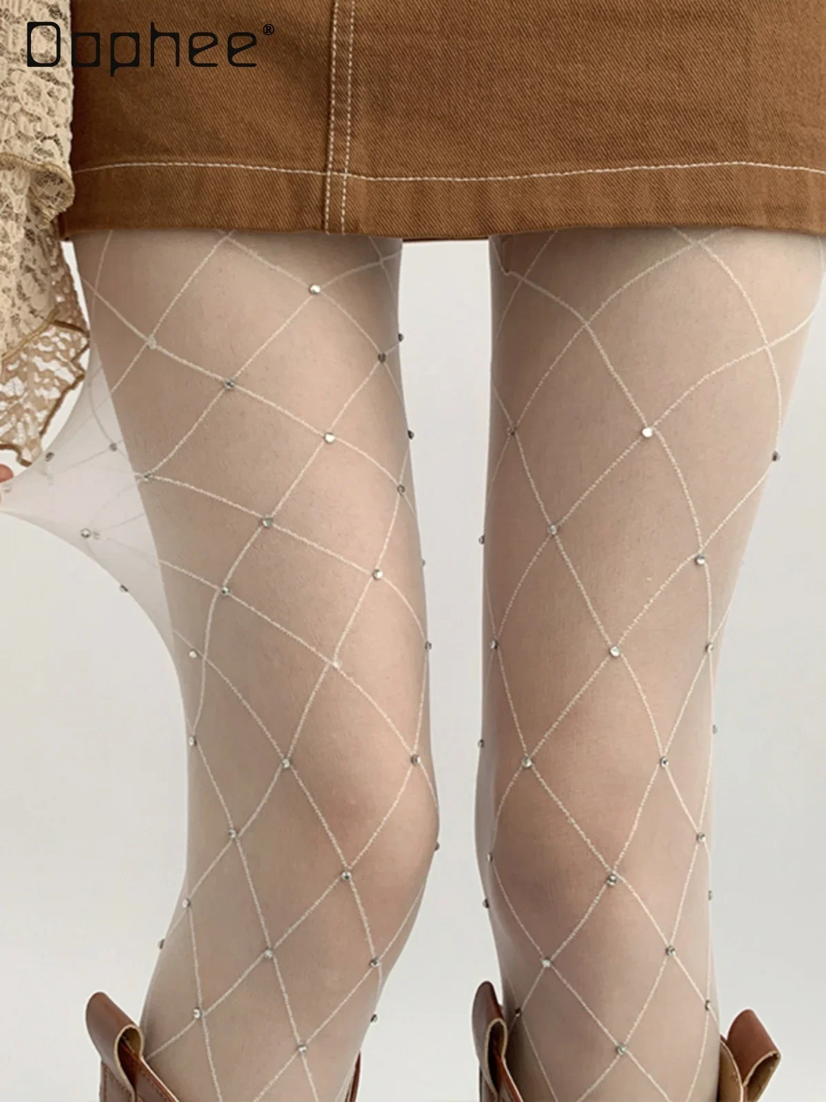 

White Fishnet Tights Women Sexy Diamond Thin Stockings 2025 Spring New Fashion Pantyhose All Match Party Clubwear Trend